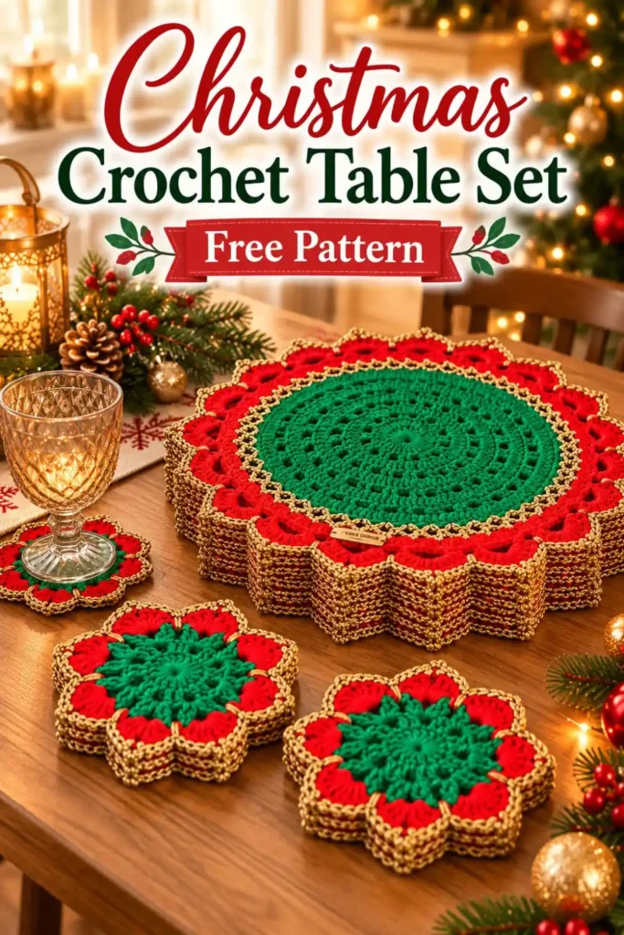 crochet Christmas table set with red green and gold centerpiece and coasters