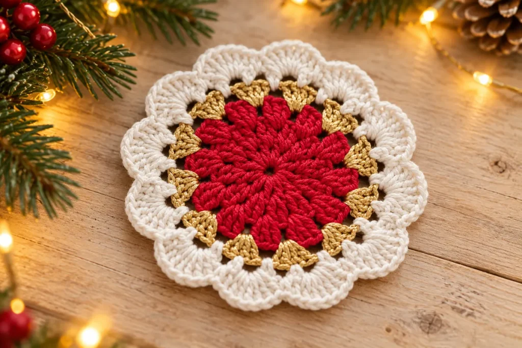 Crochet Christmas flower coaster with red petals, gold fans and white scallops