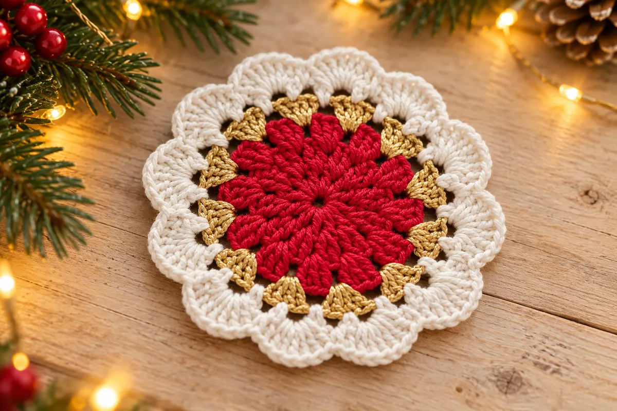 Crochet Christmas flower coaster with red petals, gold fans and white scallops
