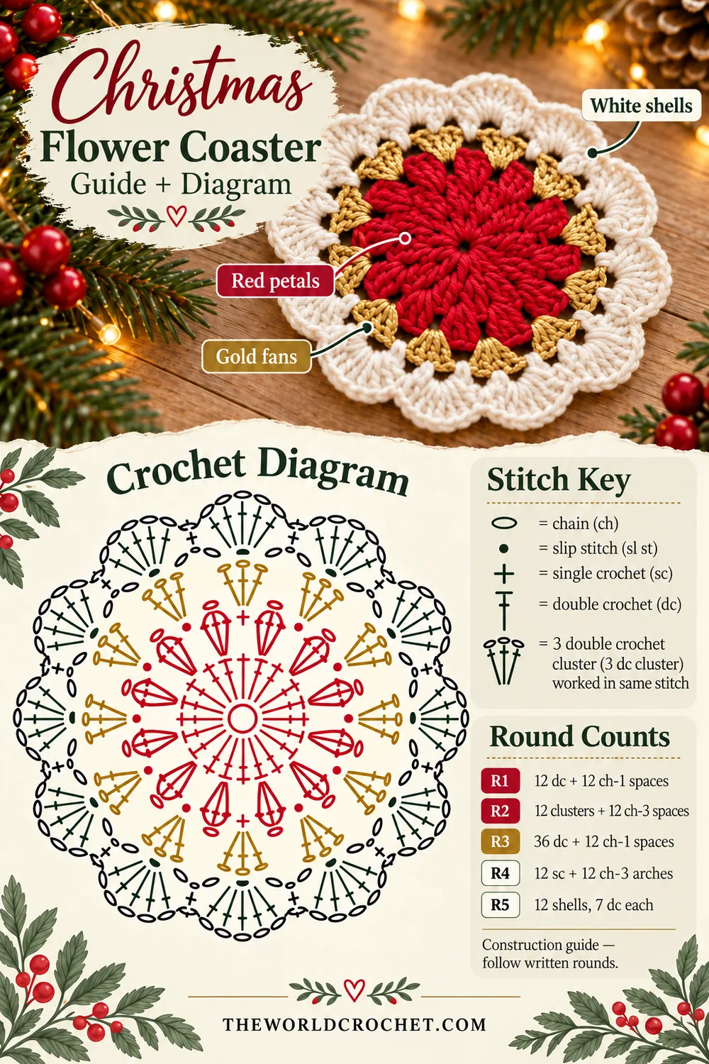 Christmas flower coaster photo with an illustrated circular construction guide and stitch key