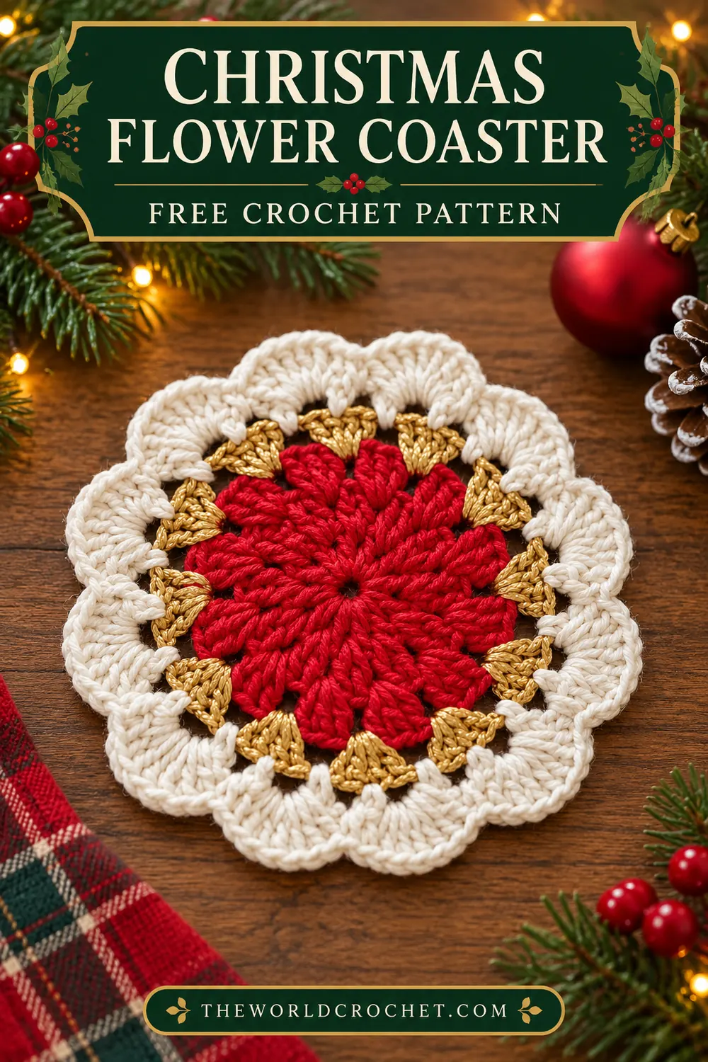 Christmas flower coaster free crochet pattern with a green title banner