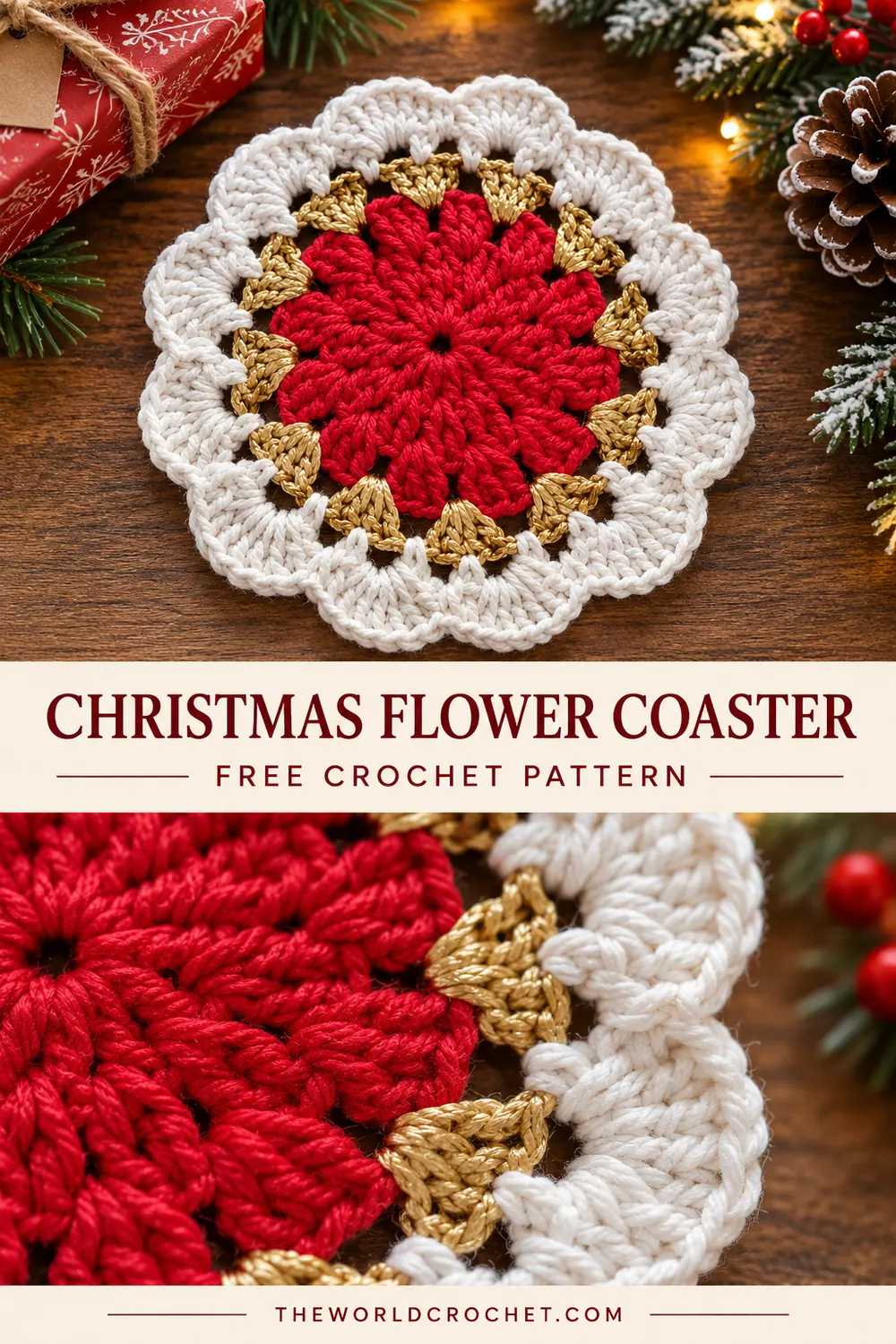 Christmas flower coaster collage showing the full motif and stitch texture