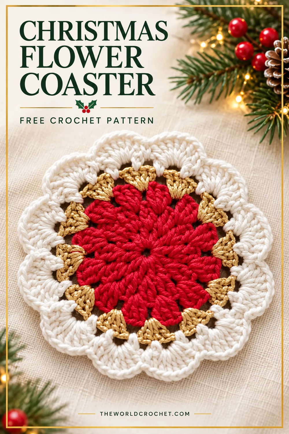 Red gold and white Christmas flower coaster on cream linen