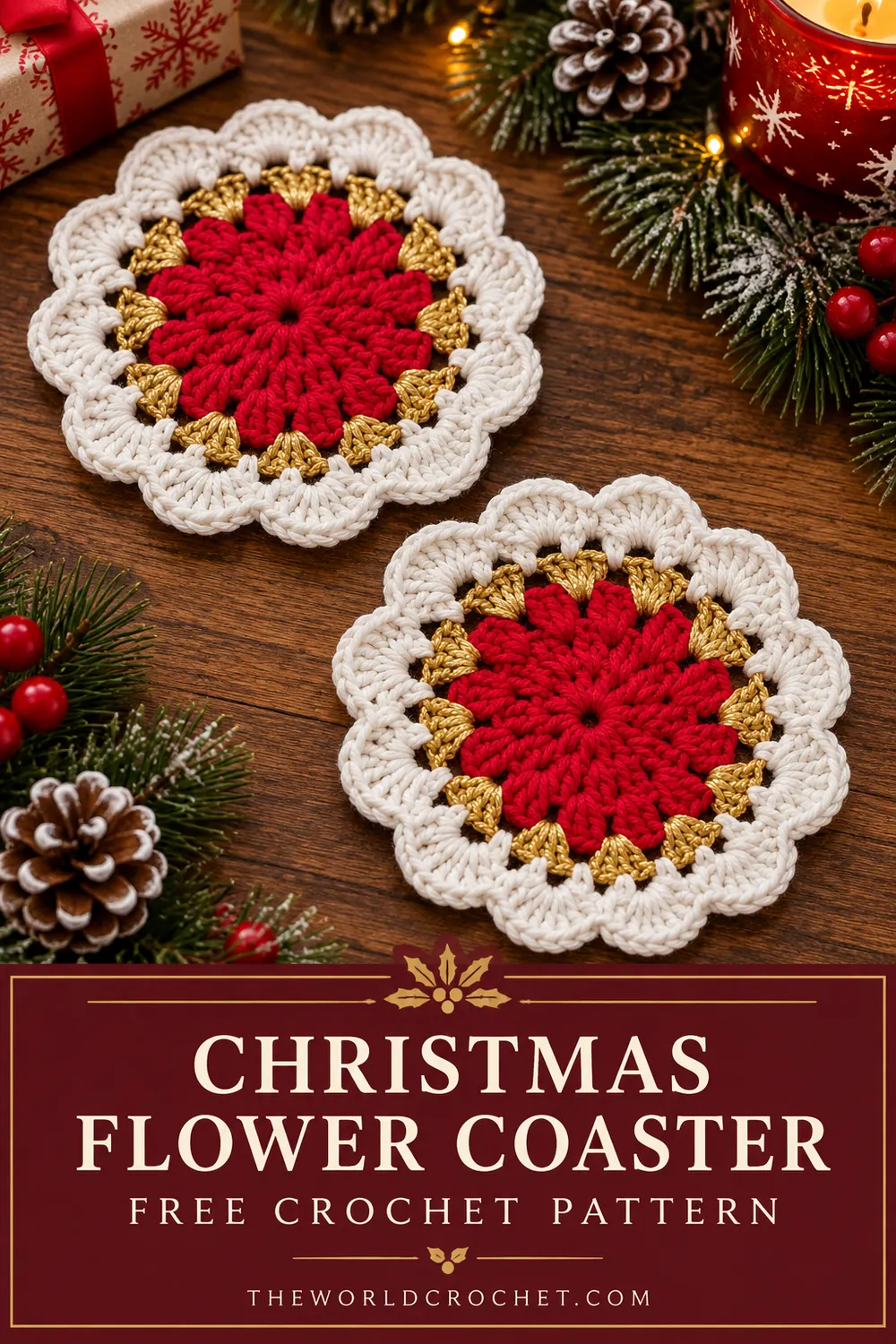 Two Christmas flower crochet coasters on a festive wooden table
