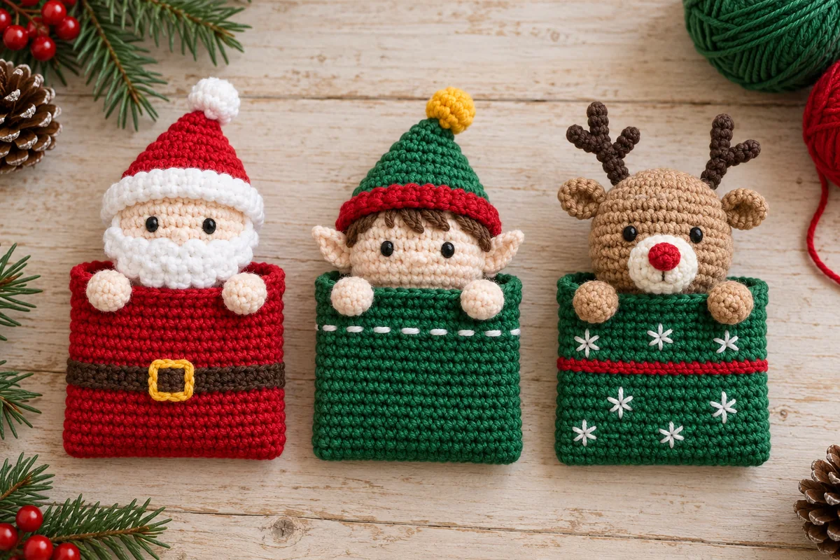 Crochet Christmas gift pockets with Santa elf and reindeer heads and little hands resting on the rims