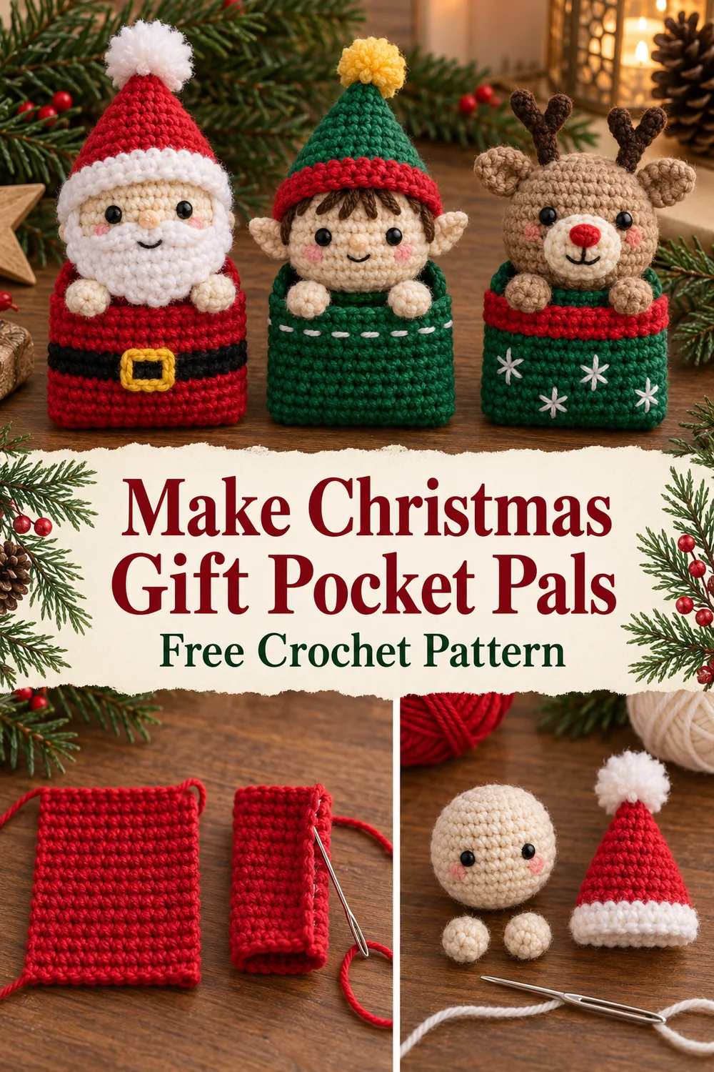 Crochet Christmas gift pockets collage showing finished characters folded pocket and small stuffed parts