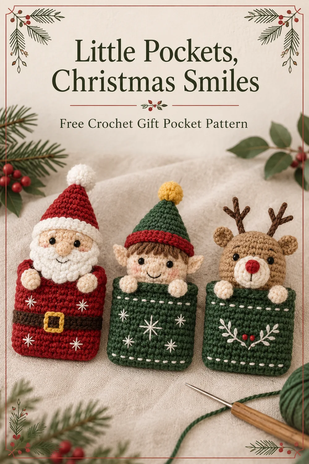 Crochet Christmas gift pockets on linen with an editorial Little Pockets Christmas Smiles title