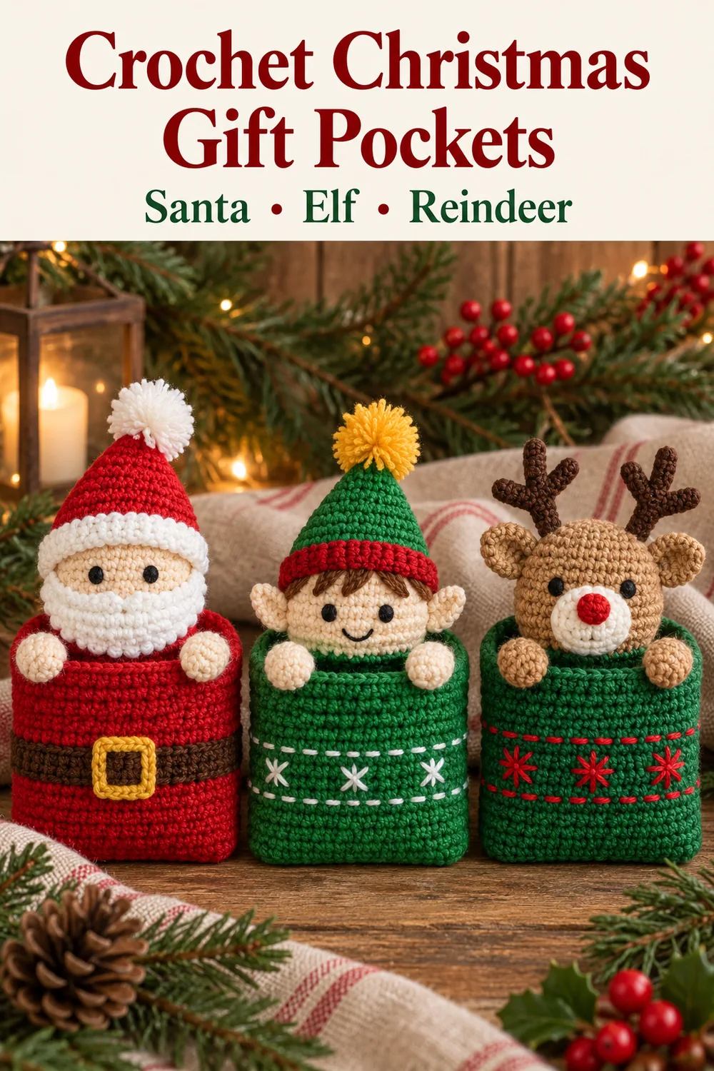Crochet Christmas gift pockets beneath a Santa elf and reindeer pattern header