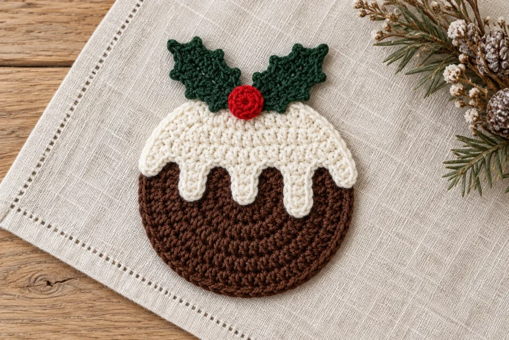 Crochet Christmas pudding applique with ivory icing, green holly leaves and a red berry