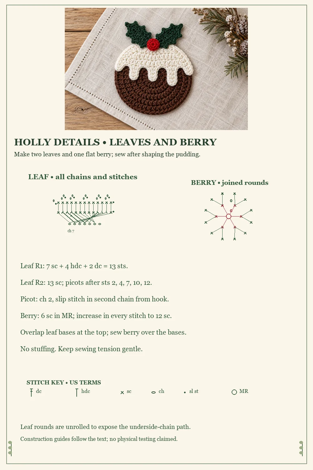 Holly leaf and flat berry crochet charts with assembly instructions