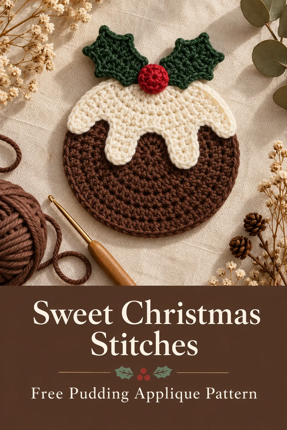 Sweet Christmas Stitches editorial Pin featuring a pudding applique