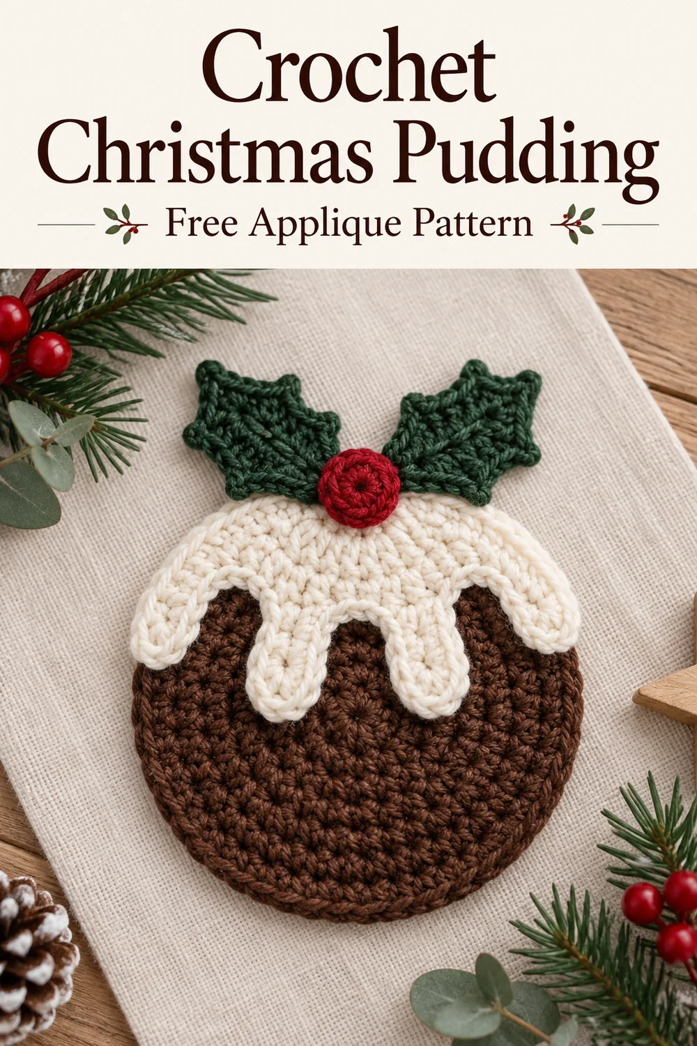 Crochet Christmas pudding free applique pattern with cream title header