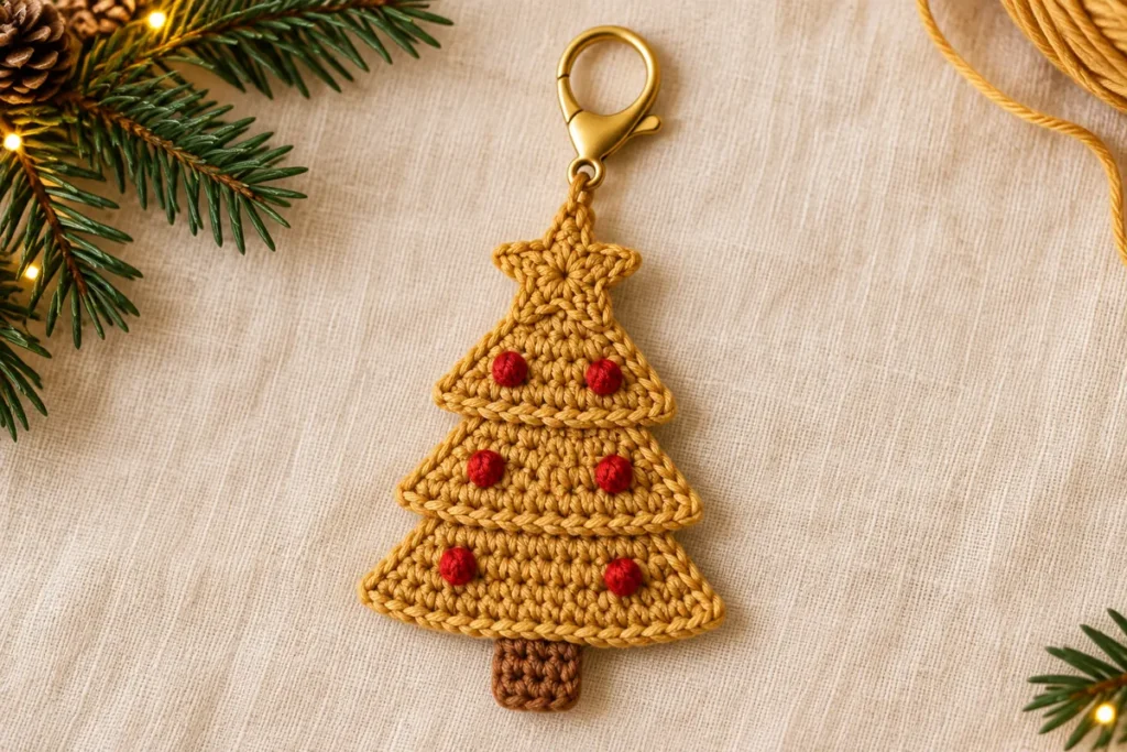 Golden crochet Christmas tree keychain with three tiers red ornaments and a star on cream linen