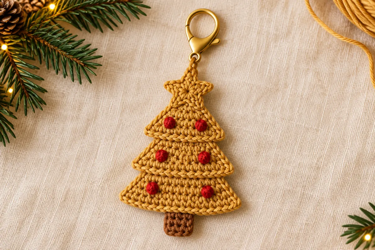 Golden crochet Christmas tree keychain with three tiers red ornaments and a star on cream linen