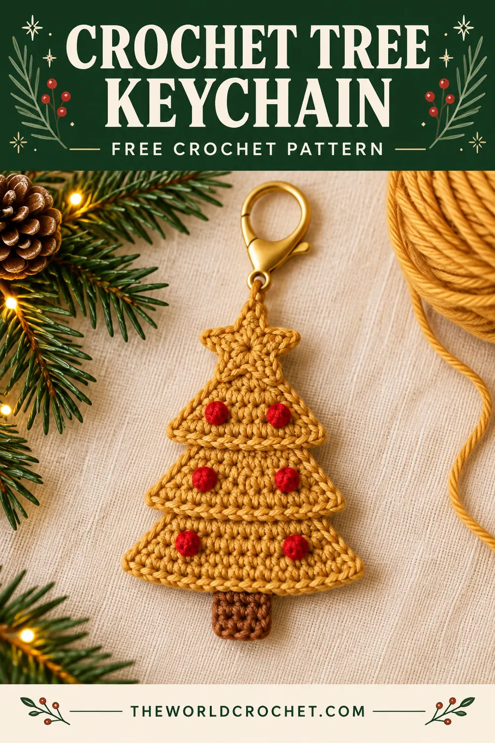 Crochet Christmas tree keychain free pattern Pin with green header design