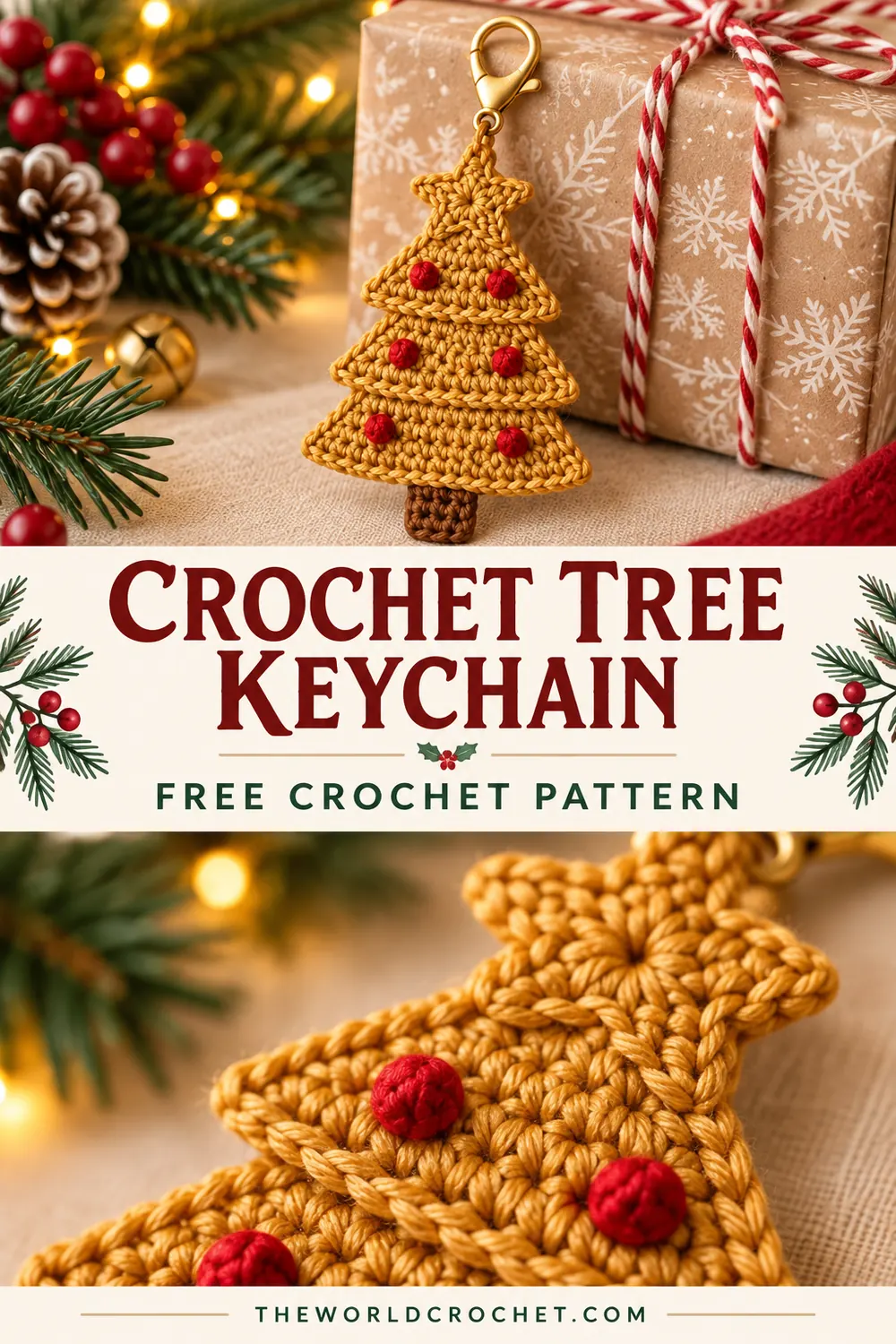 Crochet Christmas tree keychain free pattern Pin with photo collage design