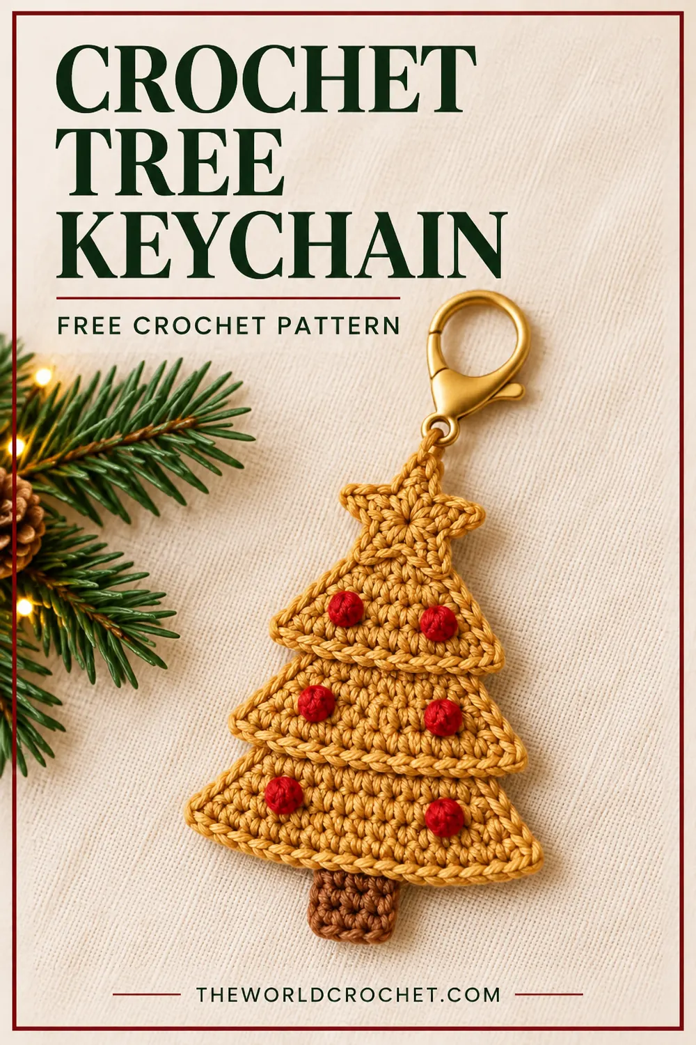 Crochet Christmas tree keychain free pattern Pin with cream editorial design