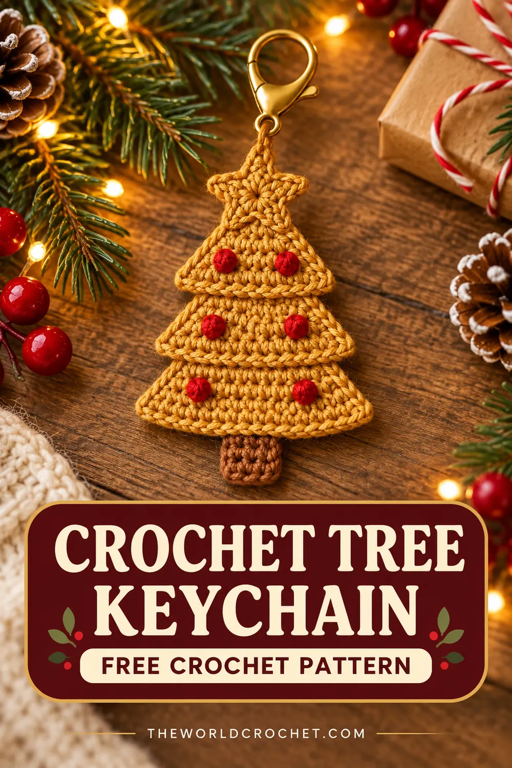 Crochet Christmas tree keychain free pattern Pin with festive card design