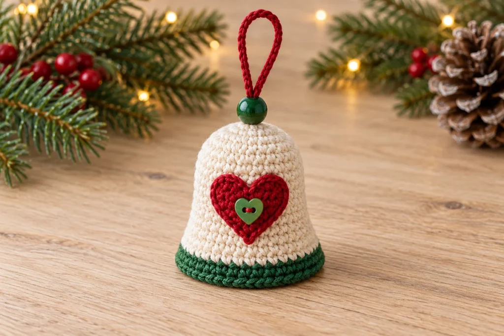 Crochet heart bell with ivory body green rim red heart applique green button and red hanging loop on oak
