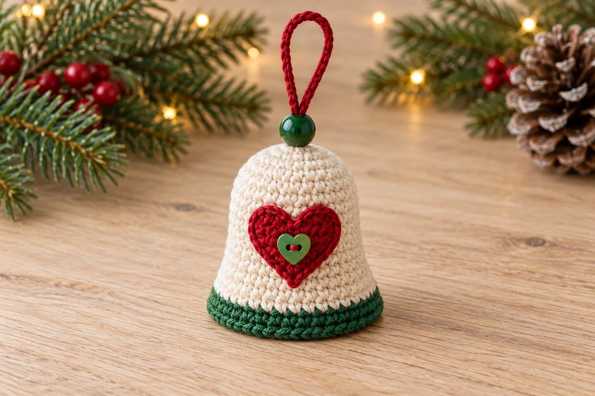 Crochet heart bell with ivory body green rim red heart applique green button and red hanging loop on oak