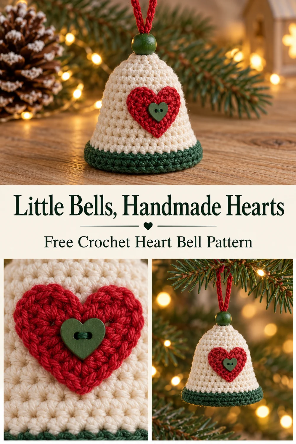 Crochet heart bell collage with red heart detail and ornament hanging on fir