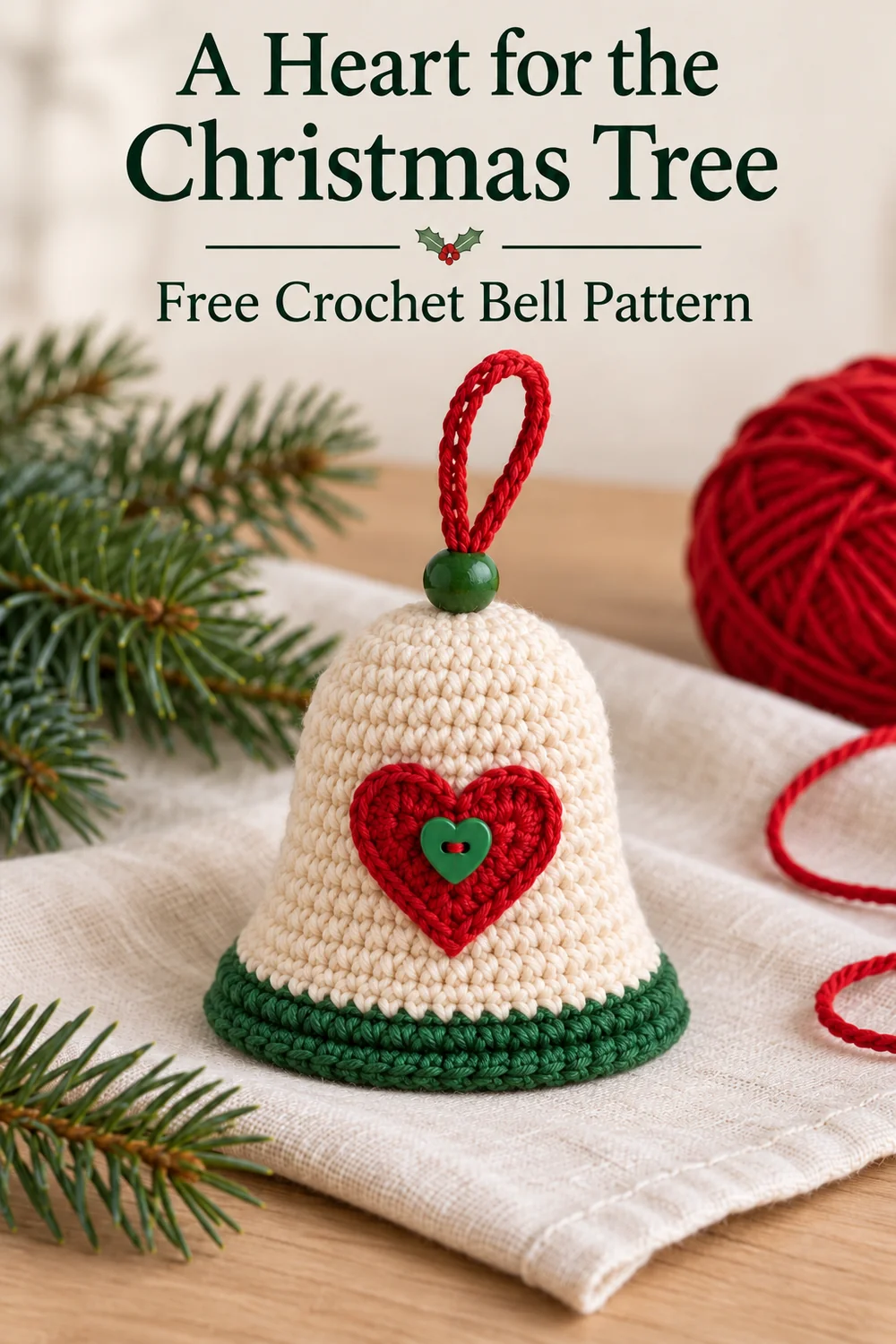 Crochet heart bell on ivory linen with A Heart for the Christmas Tree title
