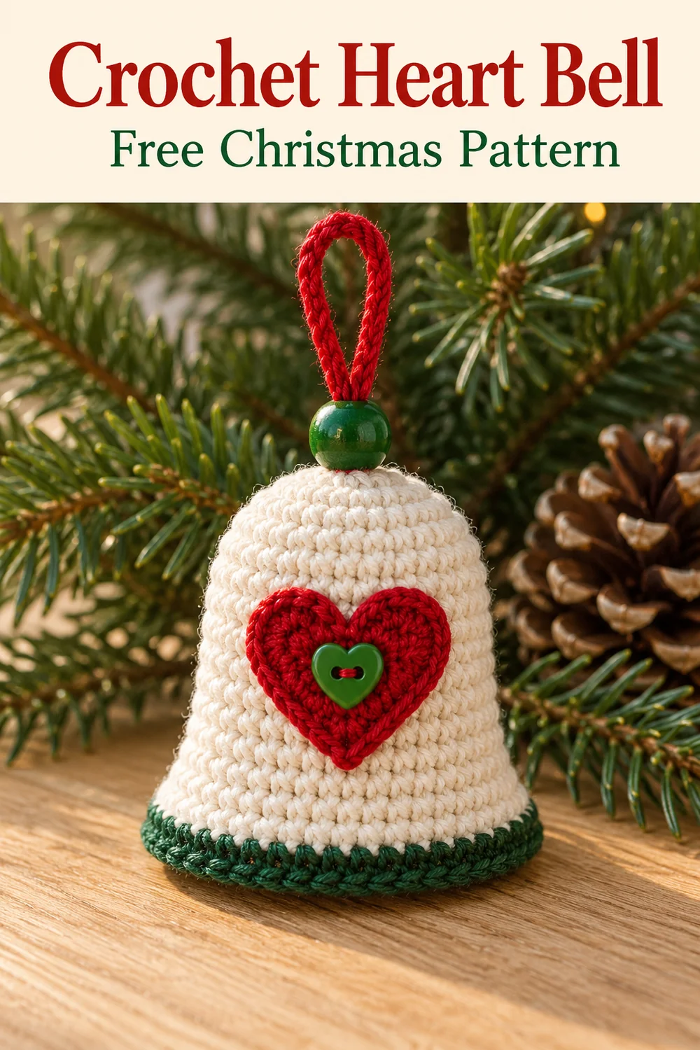 Crochet heart bell beneath a Free Christmas Pattern header