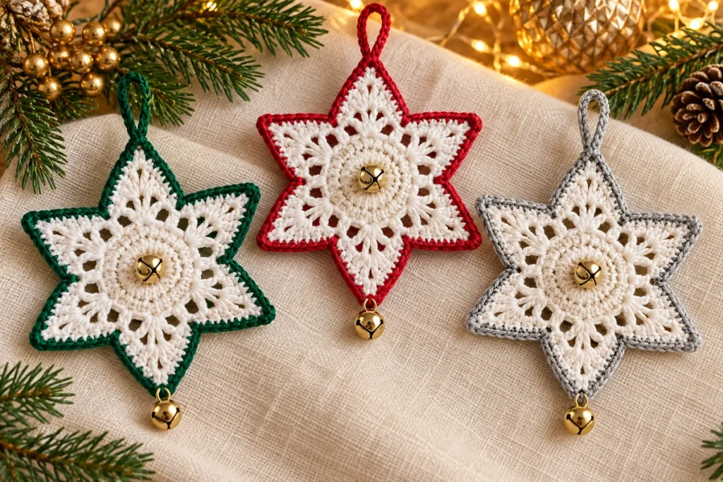 Crochet jingle bell star ornaments with six white points and red green and gray borders