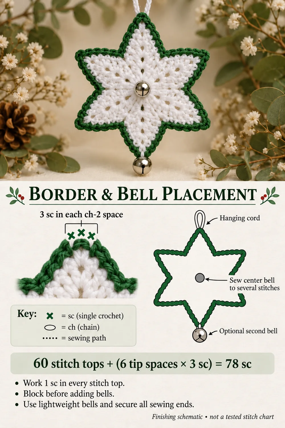 Crochet jingle bell star border guide with three single crochets at each tip and bell placement