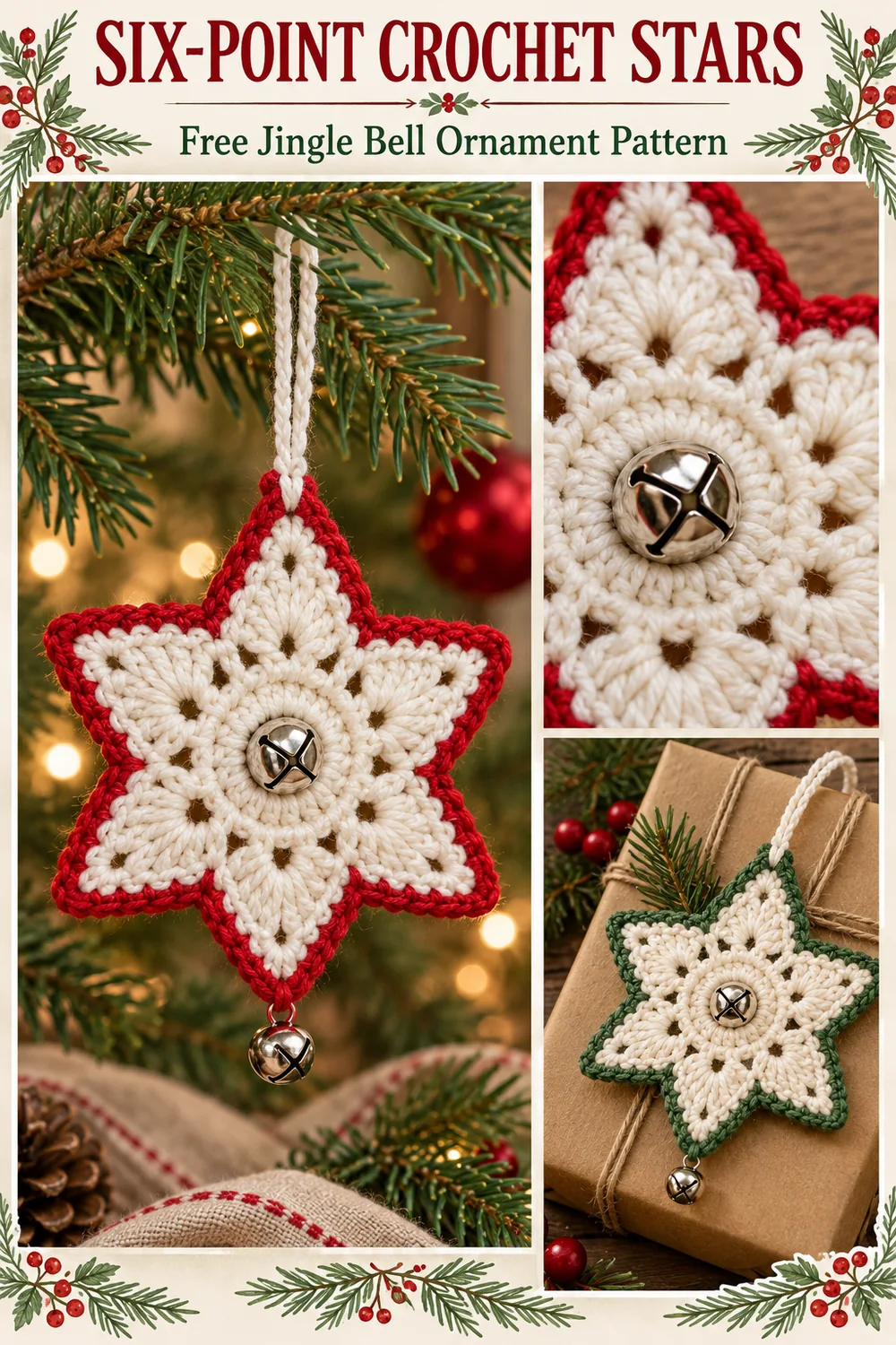 Crochet jingle bell star collage showing a red ornament bell detail and green gift decoration