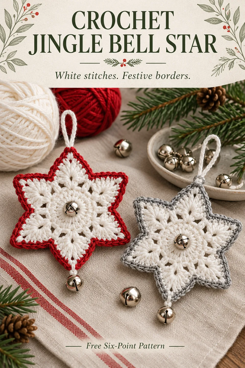 Crochet jingle bell star editorial composition with red and gray borders yarn and silver bells