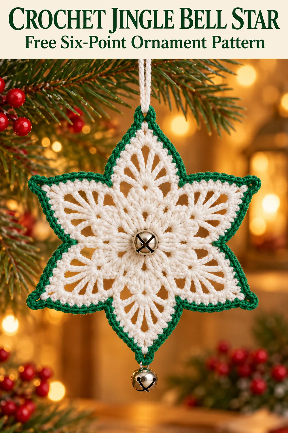 Crochet jingle bell star with a green border beneath a free six-point pattern title