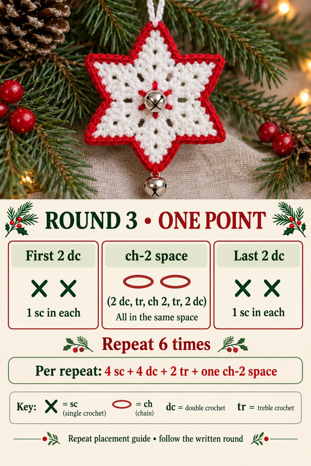 Crochet jingle bell star point guide showing single crochet stitches around the tall fan in Round 3