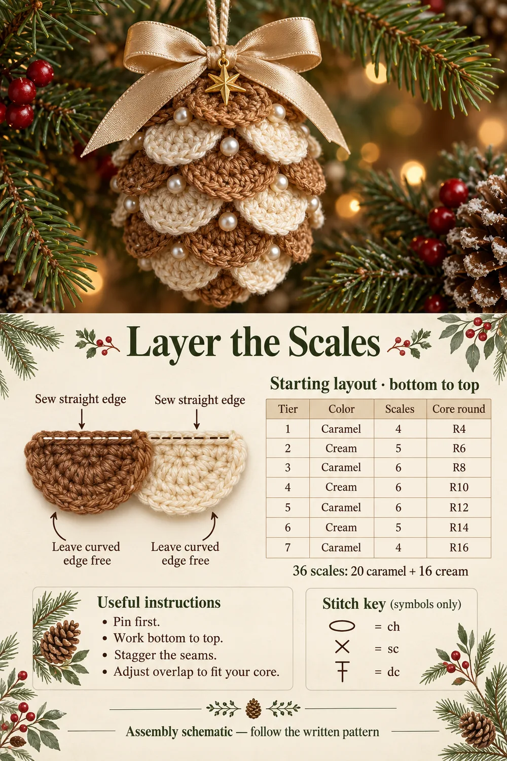 Crochet pinecone ornament assembly guide showing seven tiers and a starting layout of thirty-six scales