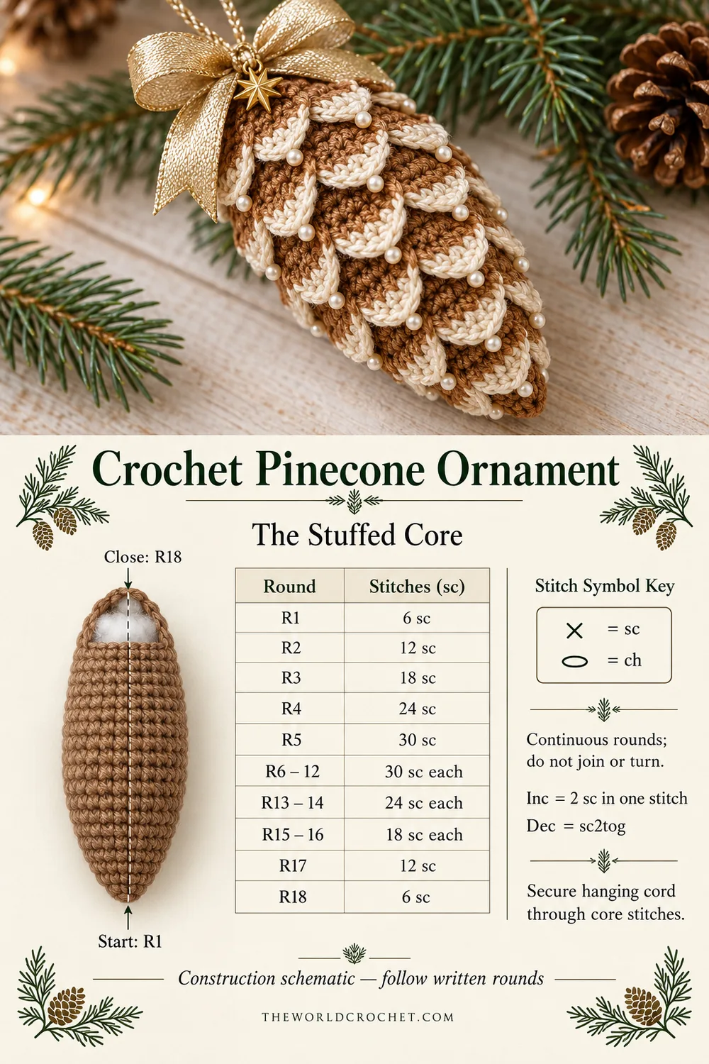 Crochet pinecone ornament core guide with continuous single crochet rounds and stitch counts