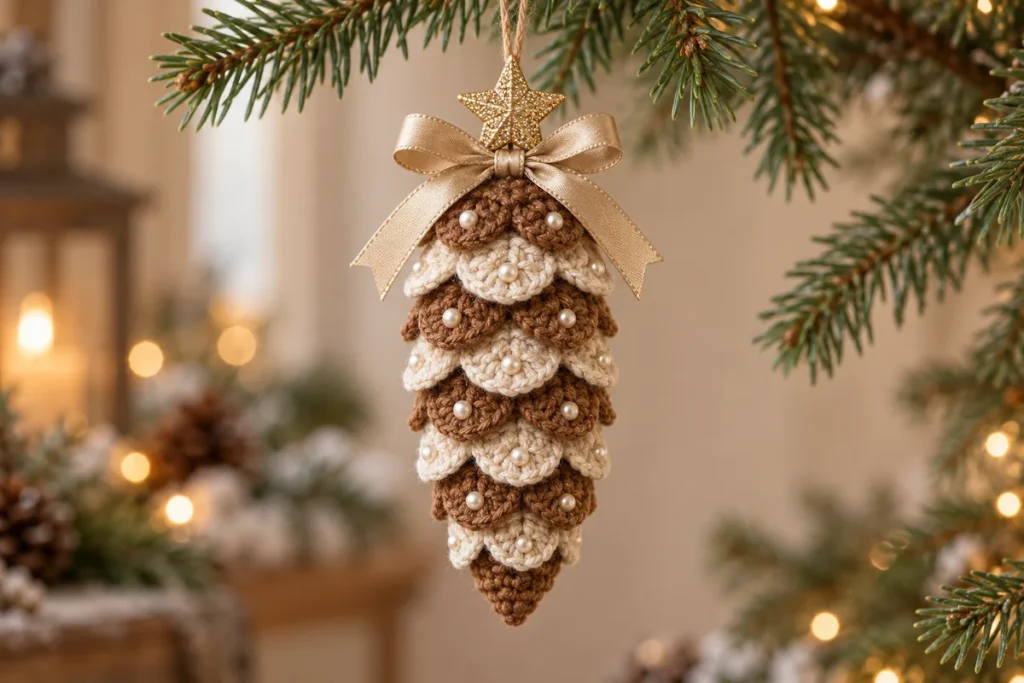 Crochet pinecone ornament with caramel and ivory scales pearls and a champagne bow