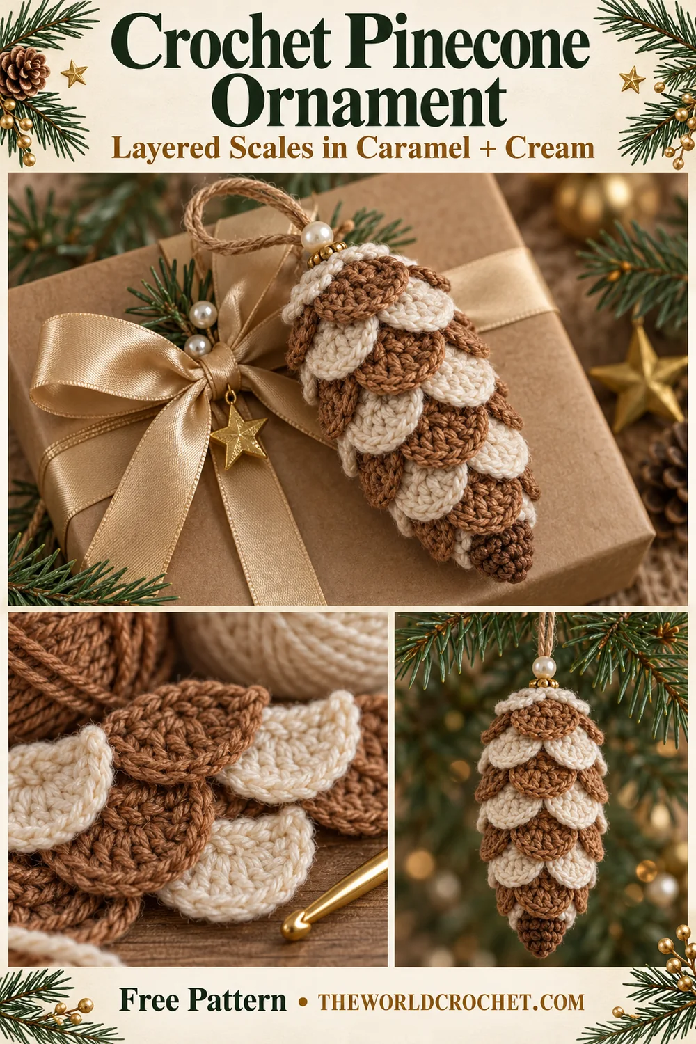Crochet pinecone ornament collage showing gift styling overlapping scales and a hanging decoration
