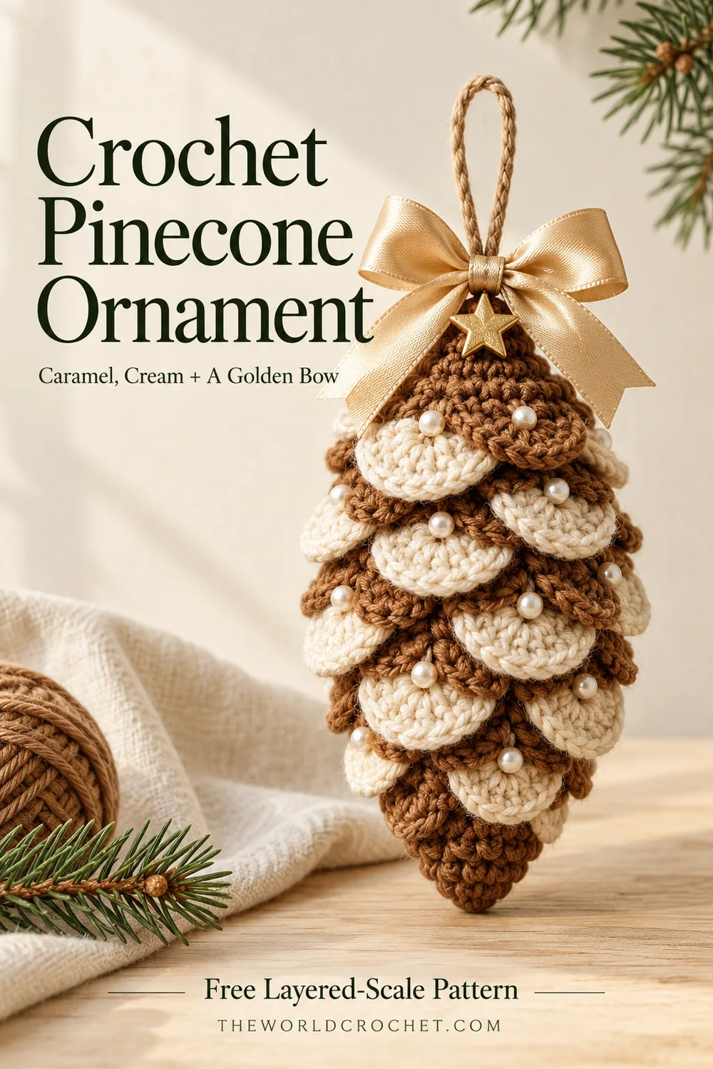 Crochet pinecone ornament on cream linen with caramel yarn and an editorial title layout