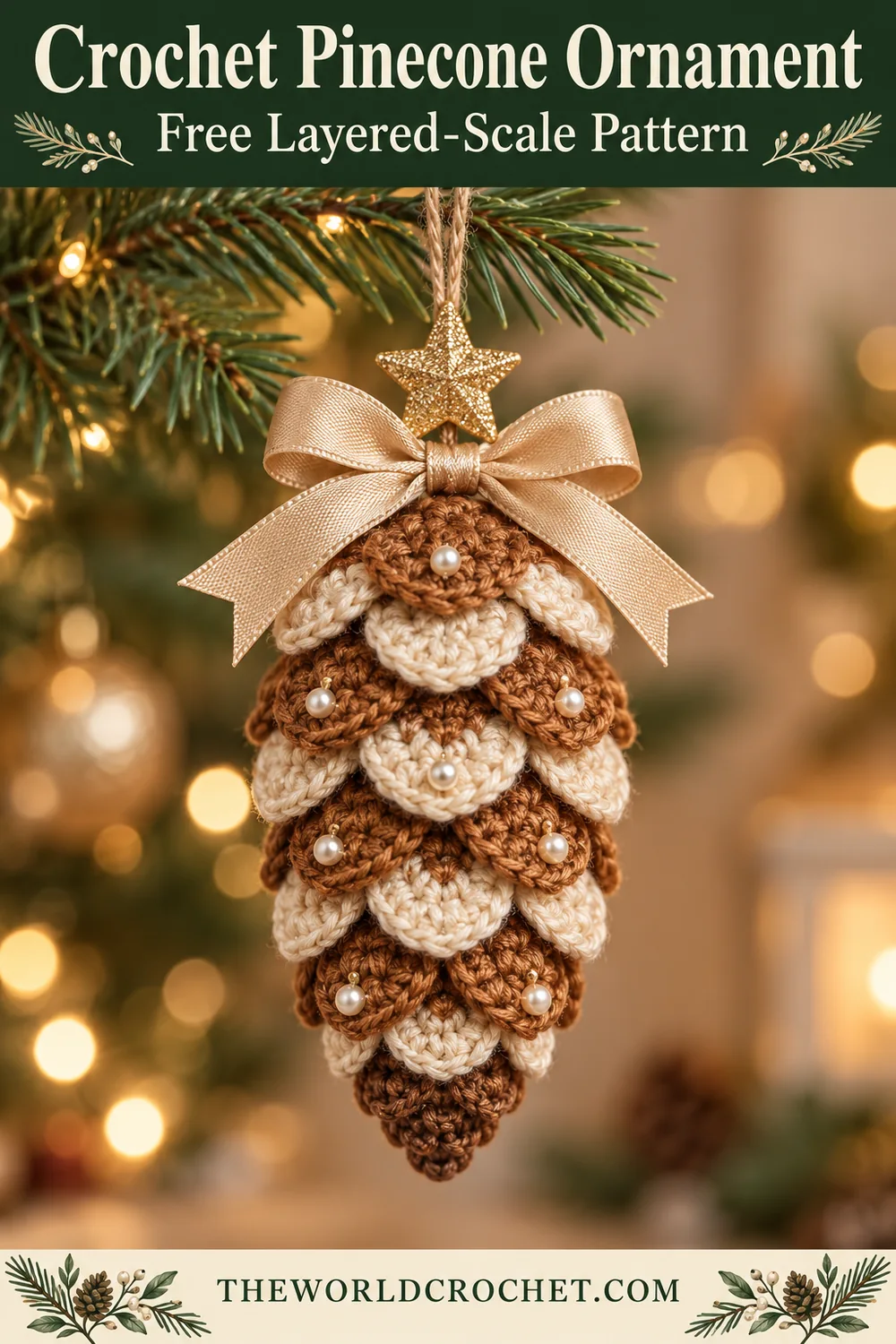 Crochet pinecone ornament with a forest green title header and free layered-scale pattern text
