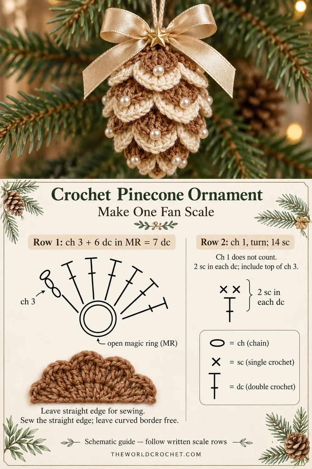Crochet pinecone ornament fan scale guide showing seven double crochet stitches and fourteen single crochet stitches