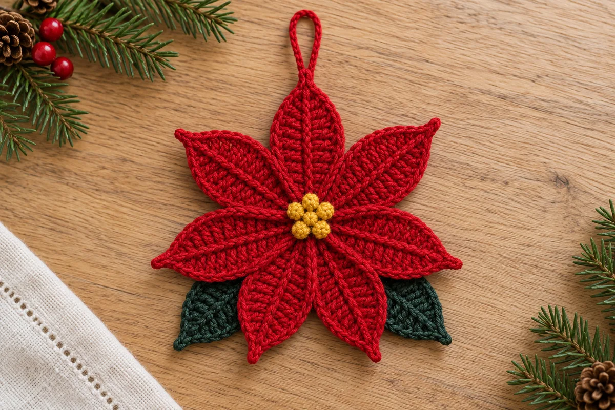 Crochet poinsettia ornament with seven pointed red petals two green leaves and a small yellow center