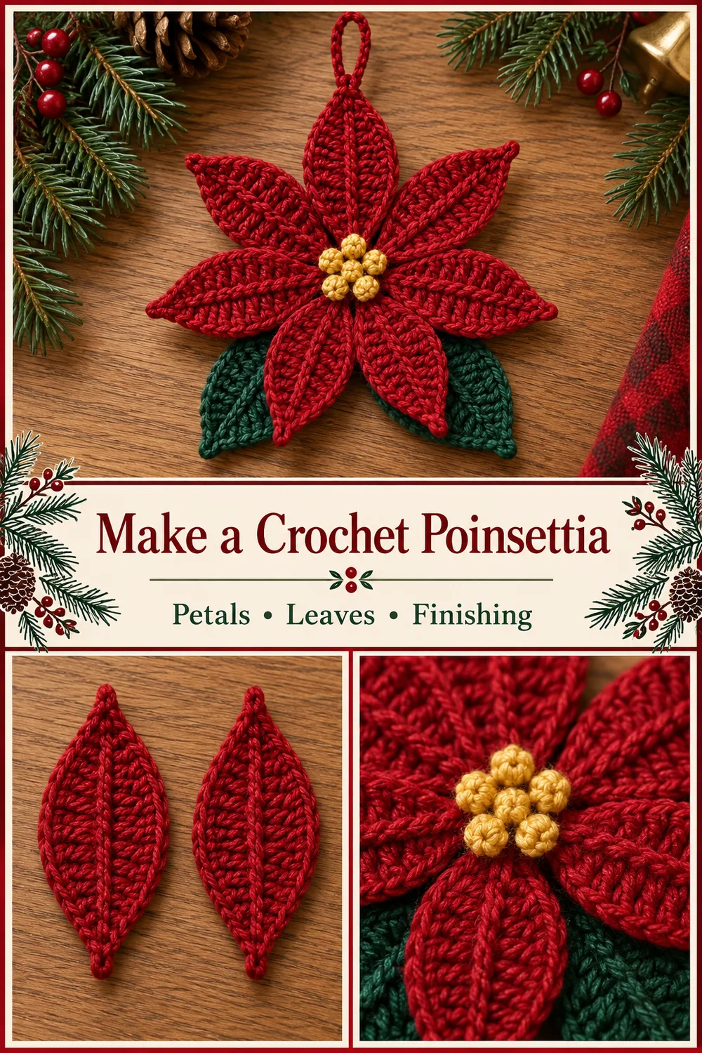 Crochet poinsettia ornament collage with separate red petals and yellow center detail