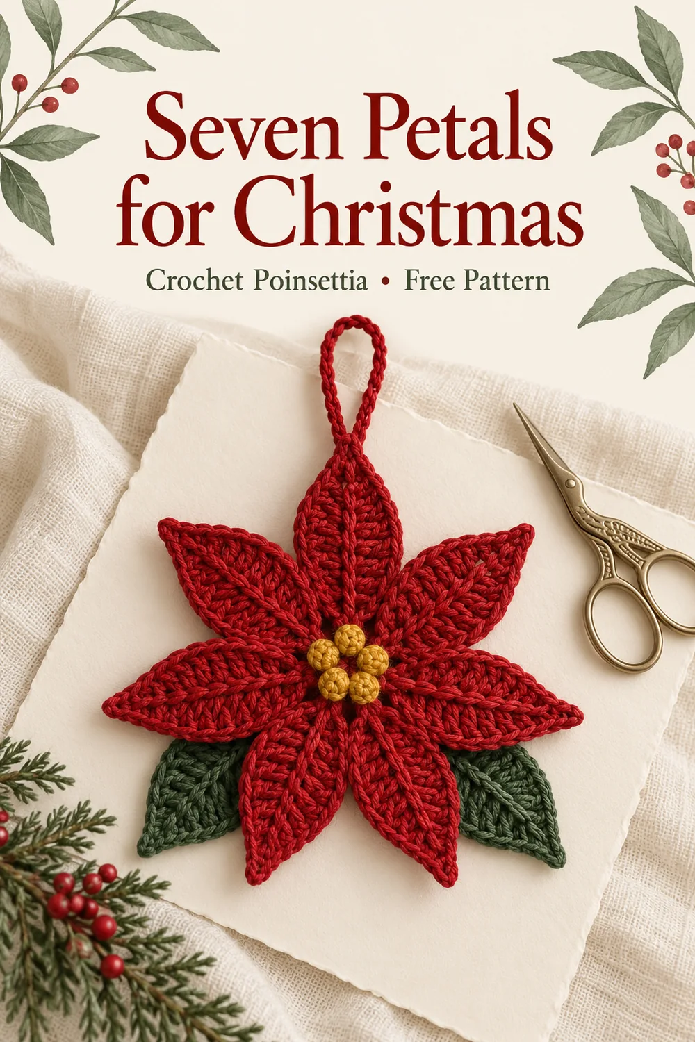 Crochet poinsettia ornament on cream paper with an editorial Seven Petals for Christmas title