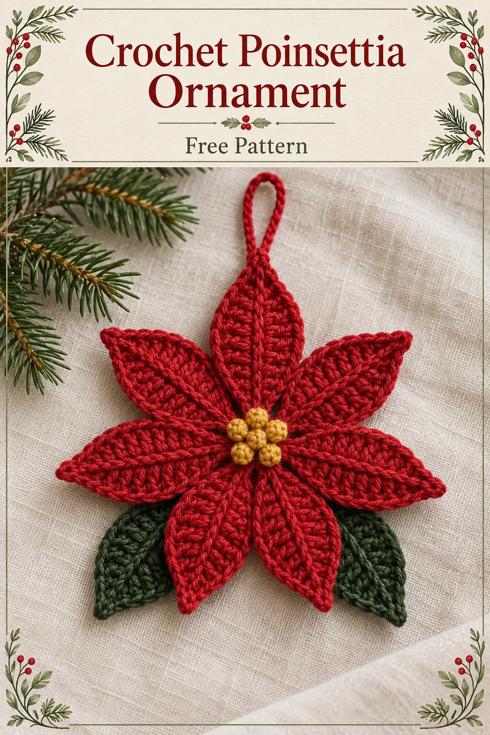Crochet poinsettia ornament on ivory linen beneath a free pattern header