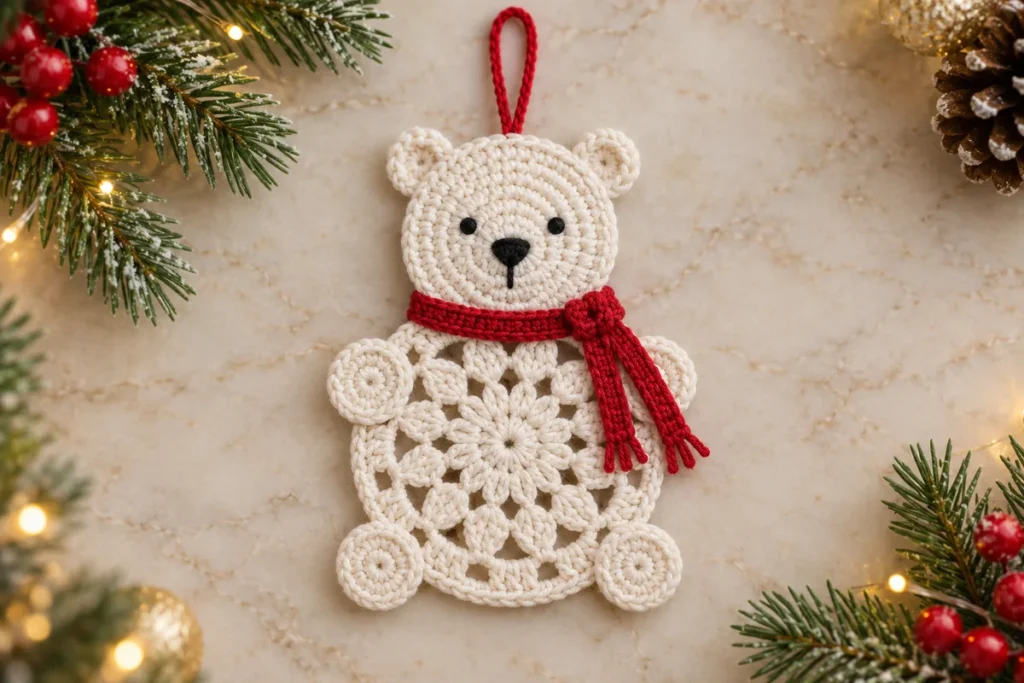 Crochet polar bear ornament with an ivory lace body round paws embroidered face and narrow red scarf