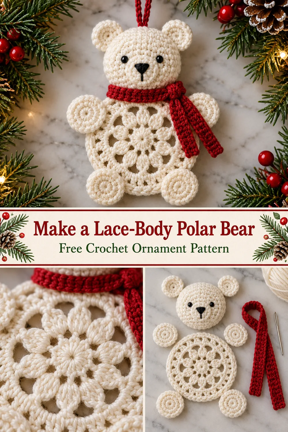 Crochet polar bear ornament collage showing the lace texture separate circles and red scarf