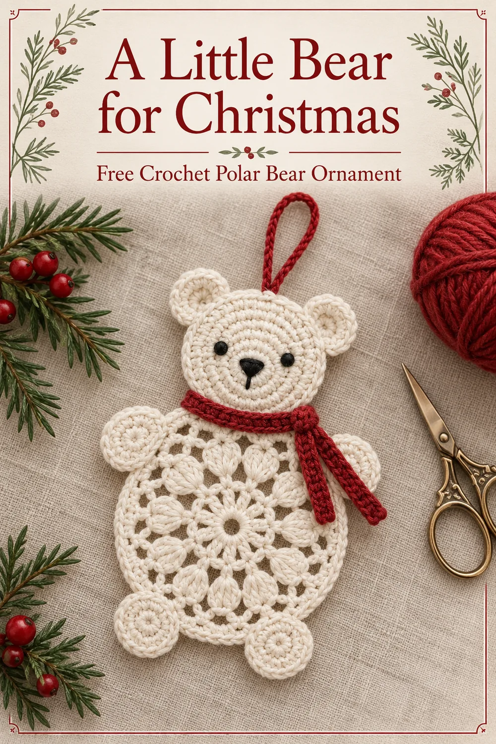 Crochet polar bear ornament on linen with an editorial A Little Bear for Christmas title
