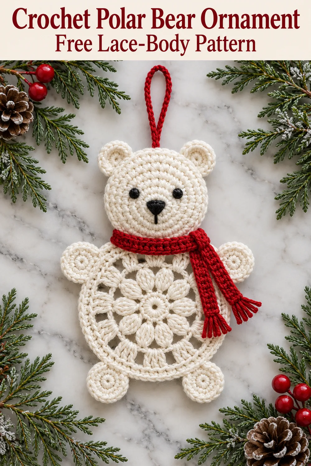 Crochet polar bear ornament on marble beneath a free lace body pattern header