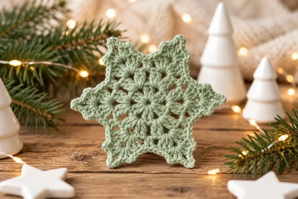 Sage green puff stitch crochet snowflake with a floral center and six points on a wooden Christmas display.
