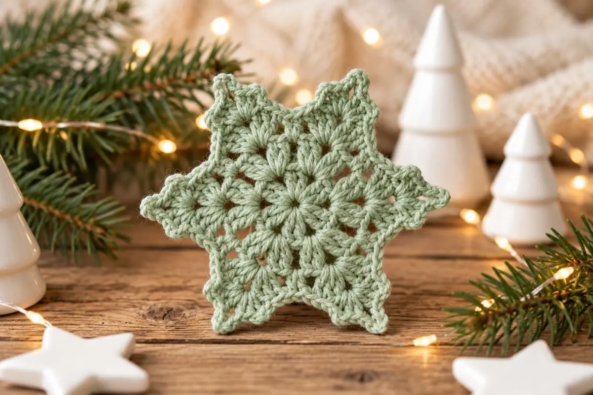 Sage green puff stitch crochet snowflake with a floral center and six points.